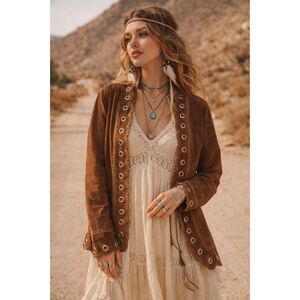 Vintage Mertillo Brown Y2K Suede Grommet Open Jacket  Women's Size XL